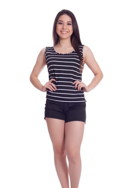 Short Doll Feminino Plus Size Liganete Poliéster com Blusa Cavada listrada e short Liso