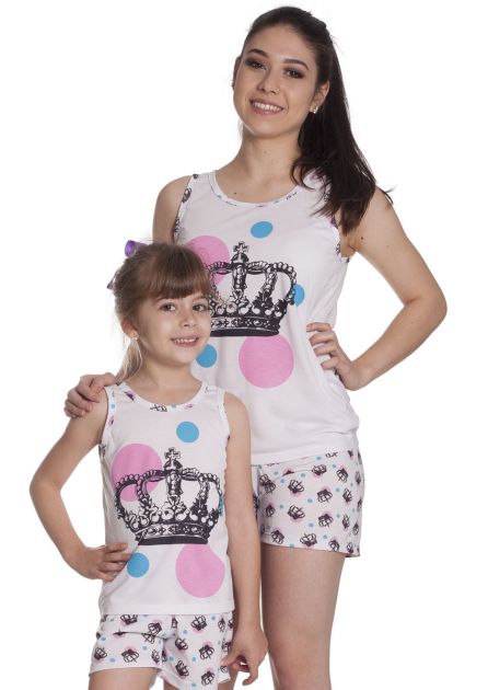 Short Doll Feminino Plus Size Mãe e Filha Malha Estampa Coroa Princesa